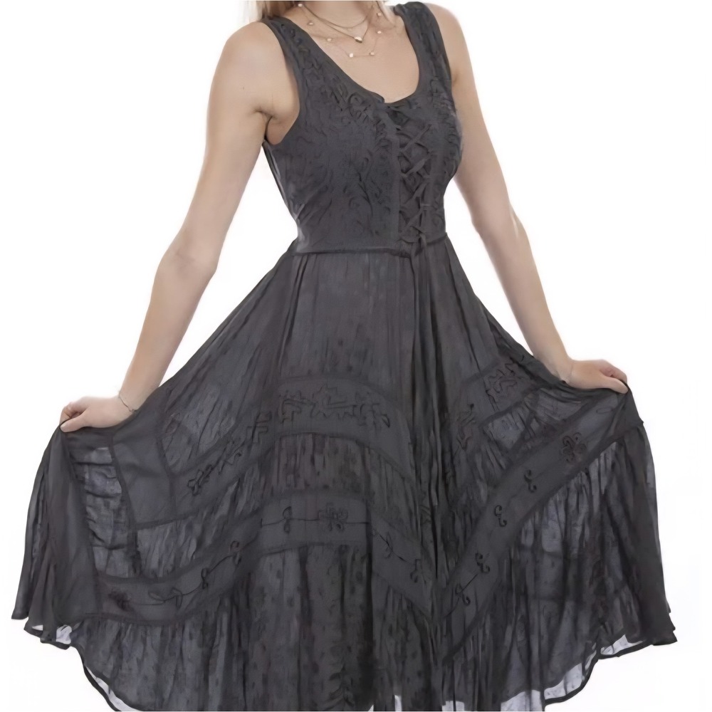 Scully Women Dress Medium Charcoal Rayon Embroidered Lace Western Boho Festival